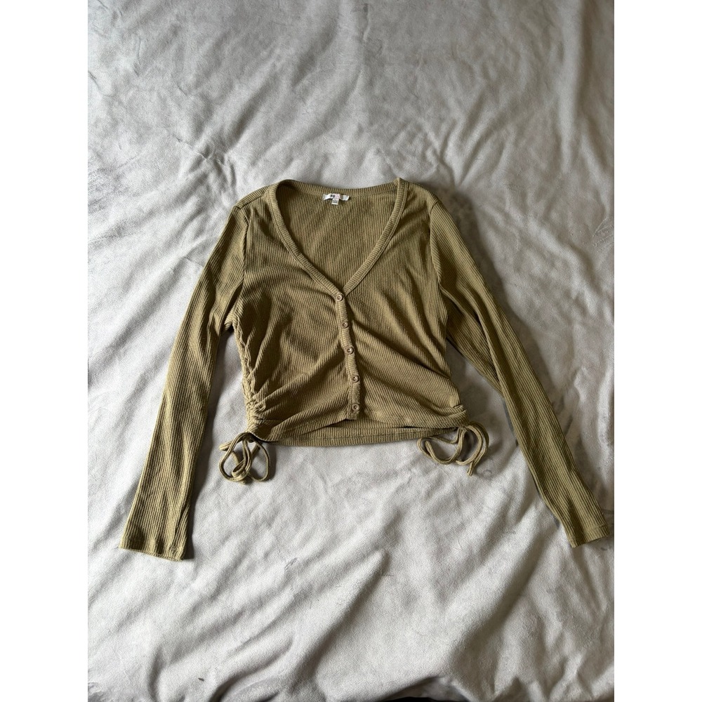Blashe Olive Green Ribbed Long Sleeve Cropped Cardigan Button Front Cinch‎ Tie L